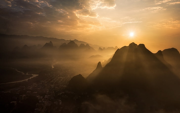 natura, paesaggio, nebbia, montagne, Guilin, fiume, nuvole, Cina, paesaggio urbano, Sfondo HD