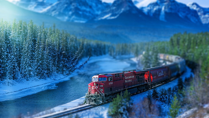 red train, photo of red train, train, railroad track, winter, landscape, mountains, river, snow, tilt shift, HD wallpaper