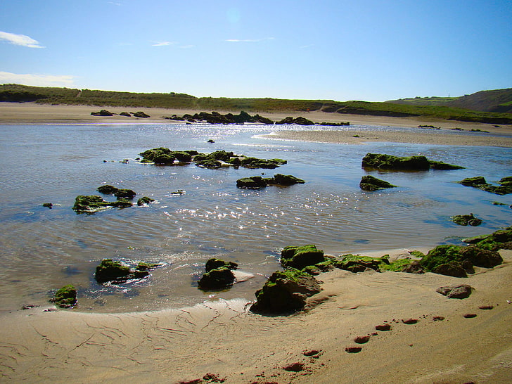 beach, dunes, inlet, ireland, river, rocks, sand, sea, seaweed, sparkles, summer, water, wild atlantic way, HD wallpaper