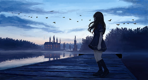 аниме, аниме девушки, темно, замок, небо, HD обои HD wallpaper