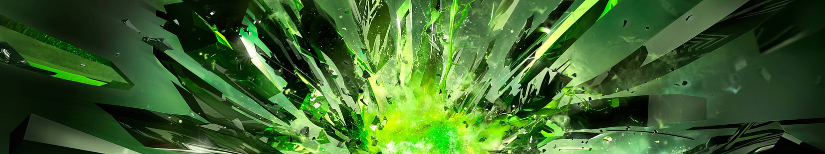 wallpaper hijau dan hitam, abstrak, ledakan, kristal, Nvidia, seni digital, banyak tampilan, Wallpaper HD HD wallpaper