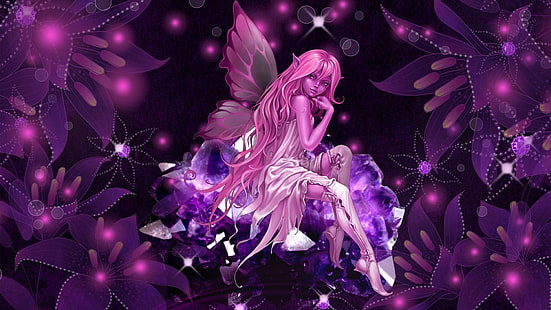 Fantasy, Fairy, Elf, Flower, Girl, Purple, Wings, HD wallpaper HD wallpaper