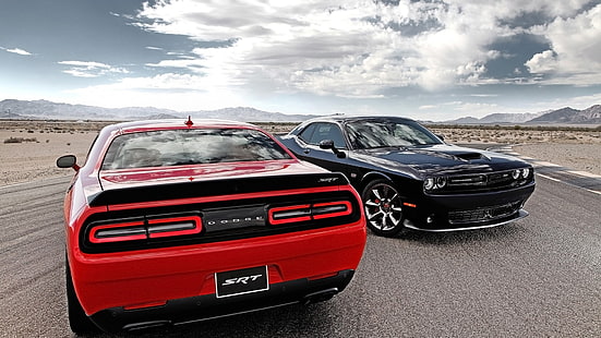 dwa czerwono-czarne coupe Forda Mustanga, muscle cars, auto, Tapety HD HD wallpaper