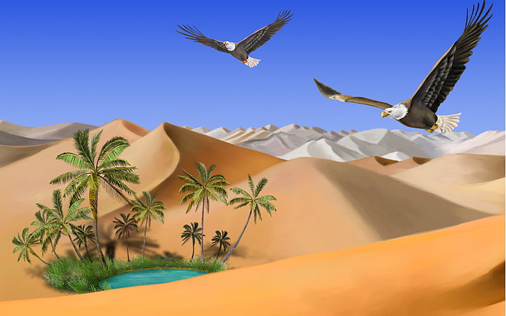 two flying bald eagles flying above a desert and oasis illustration, sand, lake, palm trees, Desert, oasis, flight, eagles, HD wallpaper