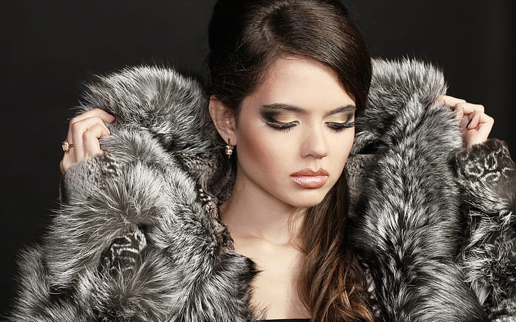 Model girl, makeup, closed her eyes, coat, grey fur coat, Model, Girl, Makeup, Closed, Eyes, Coat, HD wallpaper