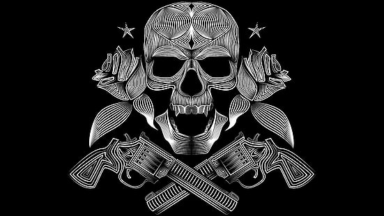 белый, вектор, черный, пираты, пистолет, череп, гангстеры, HD обои HD wallpaper