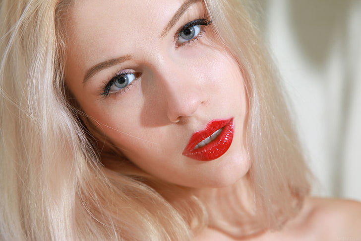 Marianna Merkulova, femmes, MetArt Magazine, rouge à lèvres rouge, blonde, visage, gros plan, Genevieve Gandi, Fond d'écran HD