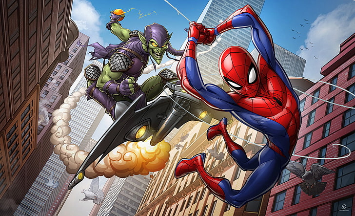 New York City, Spider-Man, Patrick Brown, Green Goblin, city, HD wallpaper