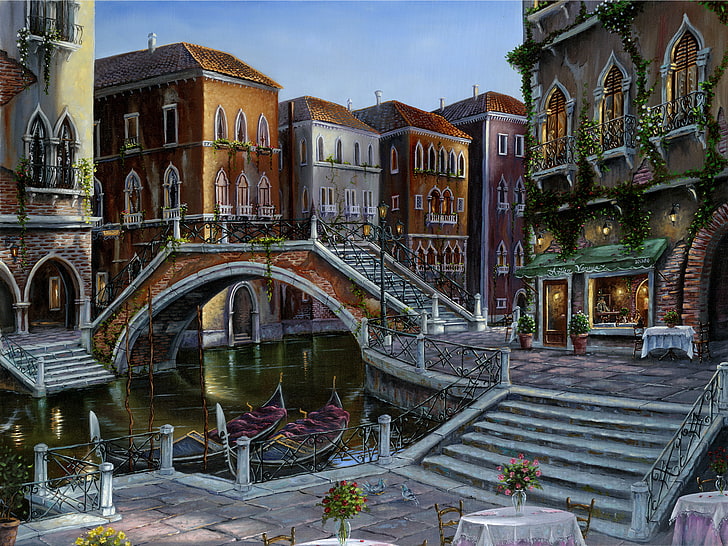 Venice Canal, flowers, bridge, table, Italy, ladder, Venice, channel, cafe, stage, vase, painting, Robert Finale, gondola, Venician Sunrise, HD wallpaper