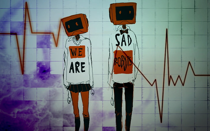 illustration of man and woman wearing sweaters, fantasy art, upset, square, robot, television sets, artwork, sad, sadness, HD wallpaper
