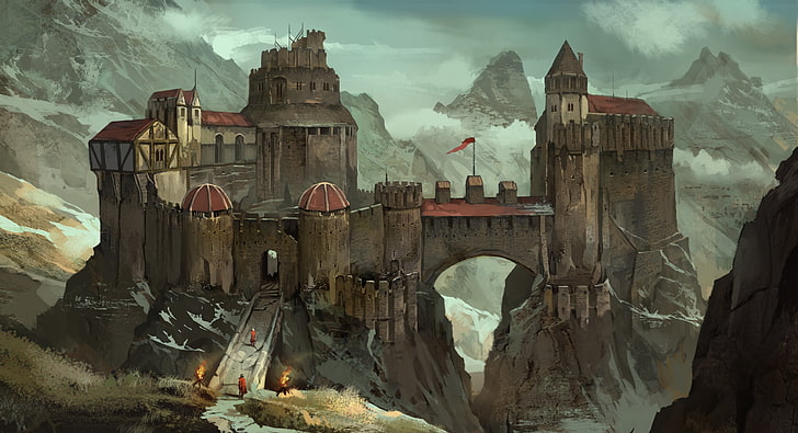 brown and red castle illustration, mountains, people, castle, fire, art, Fort, HD wallpaper