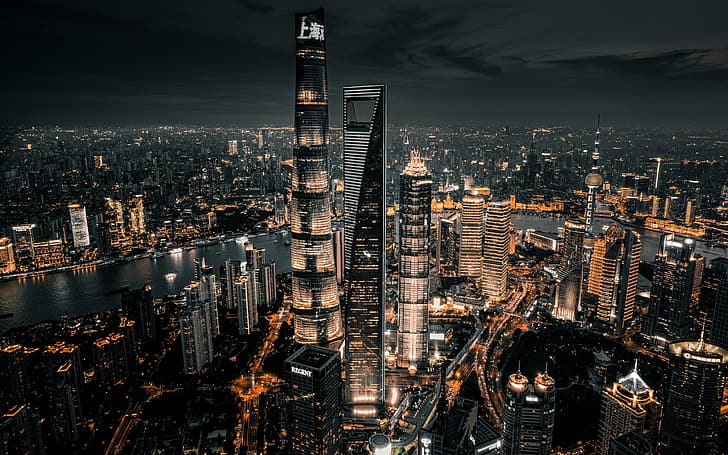 Shanghai, China, city, night, lights, skyscraper, architecture, HD wallpaper