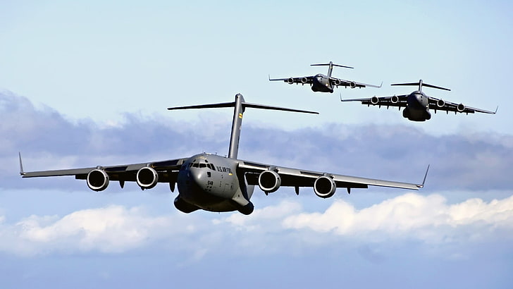 pancing hitam dan abu-abu, pesawat militer, pesawat terbang, langit, jet, C-17 Globmaster, militer, pesawat terbang, Wallpaper HD