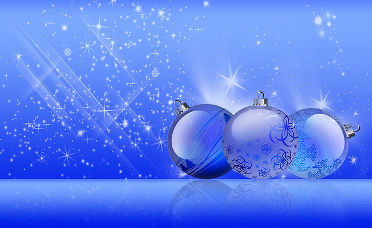 décorations de noël, ballons, scintillement, vacances, fond bleu, illustration de trois boules, décorations de Noël, ballons, scintillement, vacances, fond bleu, Fond d'écran HD