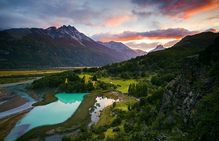 rivière, Chili, montagnes, Patagonie, turquoise, vallée, pic enneigé, nuages, forêt, eau, paysage, nature, Fond d'écran HD