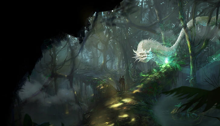 Fantasiekunst, Drache, Wald, gesprenkeltes Sonnenlicht, HD-Hintergrundbild