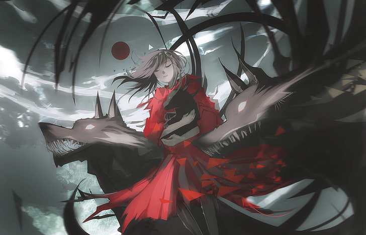 anime girl, red dress, clouds, night, wolf, red moon, Anime, HD wallpaper