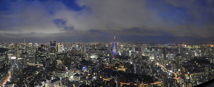 city buildings and structures during nighttime, tokyo, tokyo, Tokyo, Skyline, Panorama, Tower  city, buildings, structures, nighttime, Roppongi Hills, japan, nikon  d5100, DSLR, stitched, PTGui, travel, asia, night photography, nightscape, night  view, Honshu, kit lens, long exposure, nippon, nihon, far east, japanese, 日本, architecture, outdoor, skyscraper, explore, explored, Tumblr, cityscape, urban Skyline, night, urban Scene, downtown District, famous Place, city, tower, business, HD wallpaper