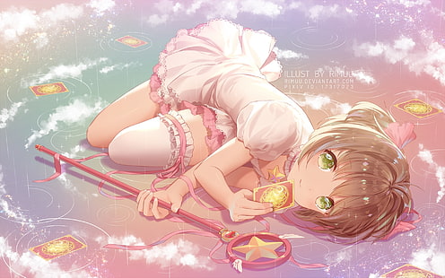 cardcaptor sakura, kinomoto sakura, liggande, rosa klänning, regnar, anime, HD tapet HD wallpaper