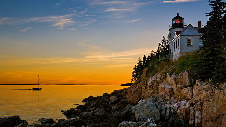 Phare de Bass Harbor, Parc National d'Acadie, Maine, phare, océan, Maine, bateau, animaux, Fond d'écran HD