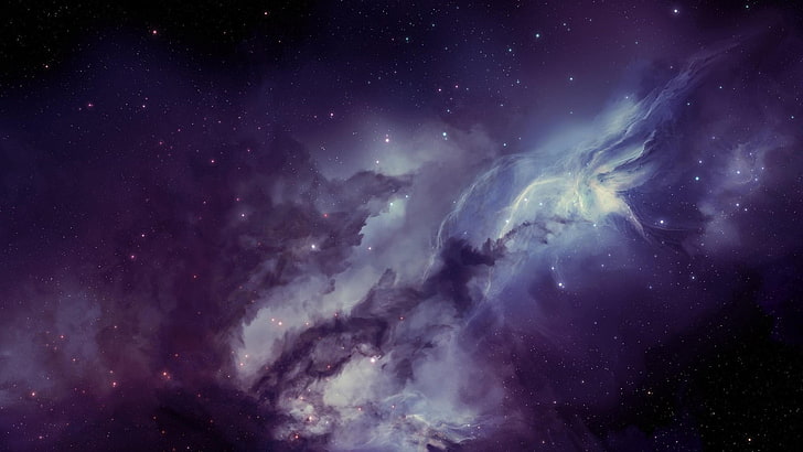 purple and white nebula, space, space art, nebula, purple, digital art, HD wallpaper