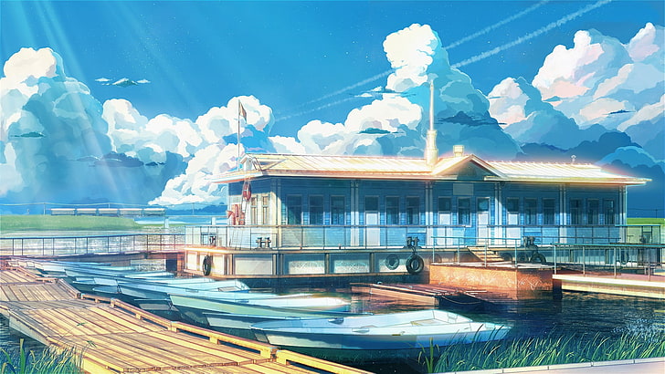 painting of house and wooden dock, Everlasting Summer, boat, clouds, sunlight, ArseniXC, HD wallpaper