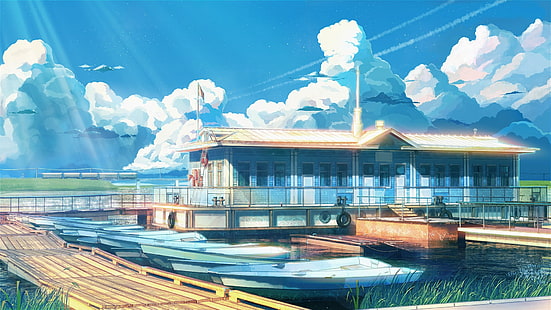 Gemälde von Haus und Holzsteg, Everlasting Summer, Boot, Wolken, Sonnenlicht, ArseniXC, HD-Hintergrundbild HD wallpaper
