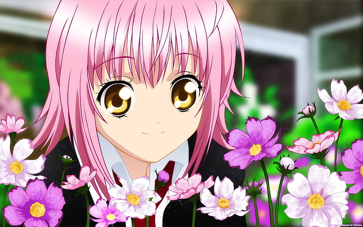 pink hair female anime character, girl, cute, flowers, smiling, pink, HD wallpaper
