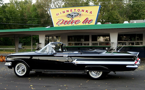 black convertible coupe, 1960 Chevrolet Impala, old car, car, vehicle, Oldtimer, black cars, HD wallpaper HD wallpaper