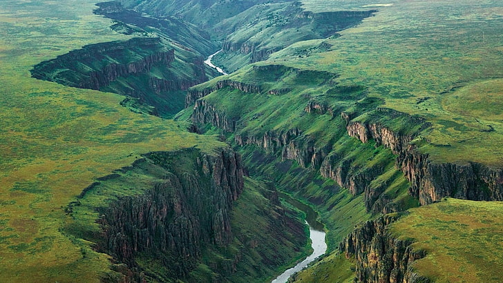 lukisan sungai antara formasi batu hijau, ngarai, alam, lanskap, sungai, lembah, dataran, Wallpaper HD