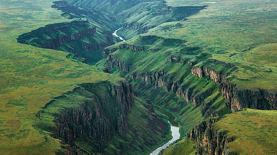 pintura del río entre formación de roca verde, cañón, naturaleza, paisaje, río, valle, llanuras, Fondo de pantalla HD HD wallpaper