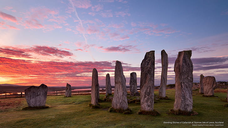 Стоящи камъни от Каланиш при изгрев, остров Луис, Шотландия, Европа, HD тапет