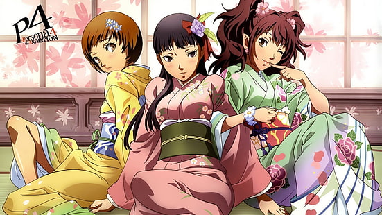 ซีรีส์ Persona, Persona 4, สาวการ์ตูน, Satonaka Chie, Amagi Yukiko, Kujikawa Rise, อะนิเมะ, วอลล์เปเปอร์ HD HD wallpaper