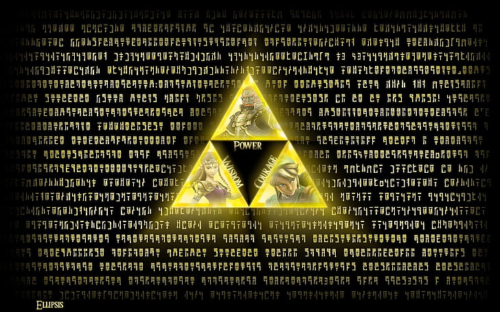 黄色の三角形の力のロゴ、ゼルダの伝説、ゼルダ、リンク、トライフォース、ビデオゲーム、ガノンドルフ、ゼルダ姫、 HDデスクトップの壁紙