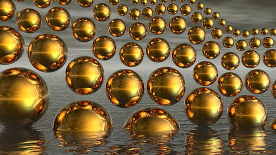 злато, топки, 3d, дигитално изкуство, вода, сфери, отражение, отражение, HD тапет HD wallpaper