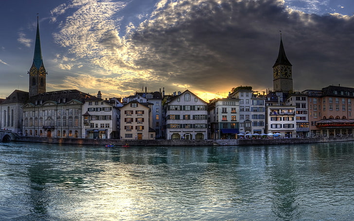 Цюрих Швейцария в сумерках-Windows 10 HD обои, бетонные здания, HD обои