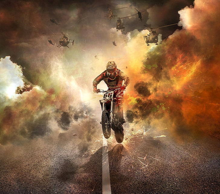 شخص يركب خلفية موتوكروس دراجة نارية ، دراجة نارية ، دراجة نارية ، طائرات هليكوبتر ، شرارات ، نار ، طريق، خلفية HD