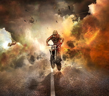 човек, каращ мотокрос мръсотия велосипед тапет, мотоциклетист, мотоциклет, хеликоптери, искри, пожар, път, HD тапет HD wallpaper