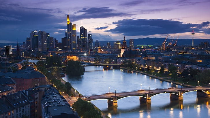 Frankfurt, almanya, akşam, gökdelenler, nehir, köprüler, caddeler, ışıklar, frankfurt, almanya, akşam, gökdelenler, nehir, köprüler, sokaklar, ışıklar, HD masaüstü duvar kağıdı