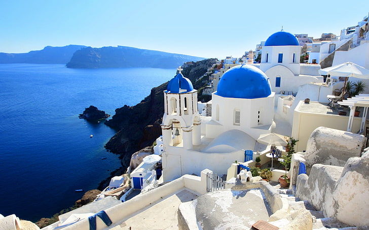 buildings, greece, houses, landscape, nature, ocean, santorini, sea, HD wallpaper