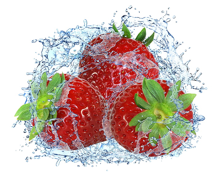 red strawberries, water, squirt, berries, strawberry, fresh, splash, drops, HD wallpaper