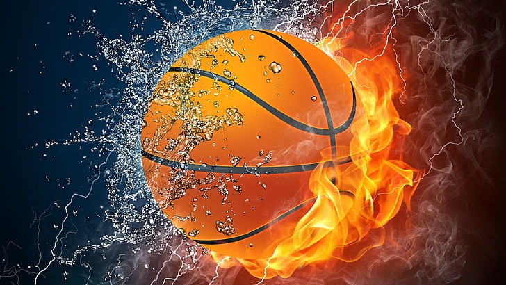 palla, pallacanestro, fuoco, fiamma, acqua, gocce, grafica, sfera, goccioline, goccia, gocce d'acqua, Sfondo HD