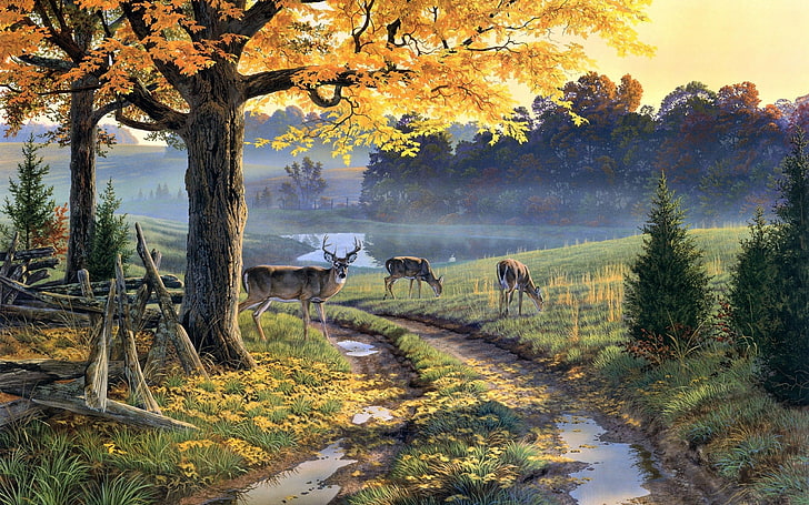tiga rusa coklat berdiri di tanah lukisan, alam, lukisan, jalan, binatang, pohon, rusa, Wallpaper HD