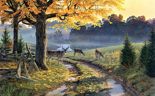 drei braune Hirsche stehen auf dem Boden Malerei, Natur, Malerei, Pfad, Tiere, Bäume, Hirsche, HD-Hintergrundbild HD wallpaper
