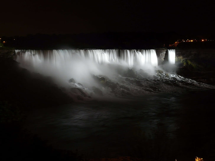 dark, lake, motion, nature, niagara, niagara falls, night, river, silhoutte, stream, time lapse, water, waterfalls, HD wallpaper