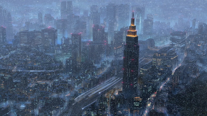 Pintura do Empire State Building, Kimi no Na Wa, seu nome, paisagem, paisagem urbana, construção, neve, HD papel de parede