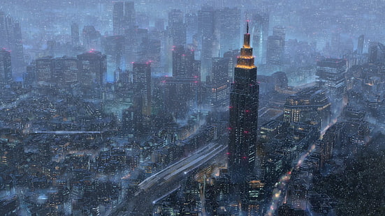 Pintura del Empire State Building, Kimi no Na Wa, tu nombre, paisaje, paisaje urbano, edificio, nieve, Fondo de pantalla HD HD wallpaper