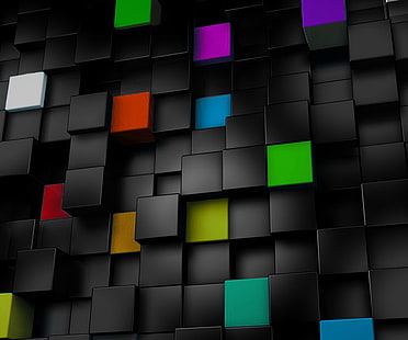 Cubos coloridos, papel de parede preto, verde e roxo, 3D, 3D abstrato, cubo, abstrato, colorido, HD papel de parede HD wallpaper