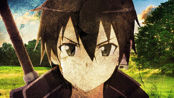 personnage d'anime masculin avec épée, épée en ligne, Kirigaya Kazuto, Yuuki Asuna, yeux noirs, yeux gris, brune, cheveux noirs, garçons d'anime, Fond d'écran HD