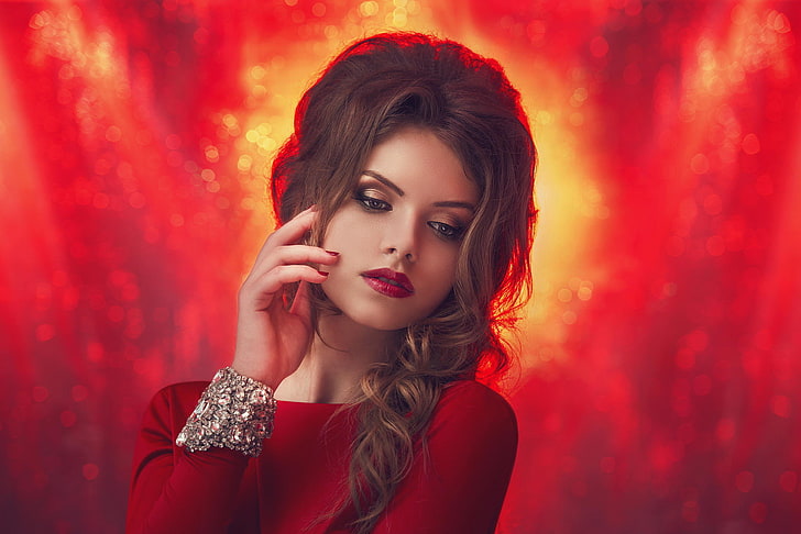czerwona damska koszulka z długim rękawem z okrągłym dekoltem, dziewczyna, portret, makijaż, piękna, fotograf, manicure, Julia Sariy, Tapety HD